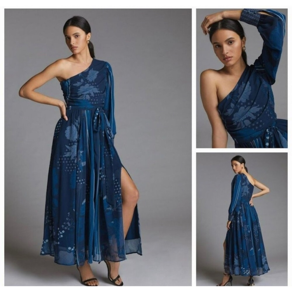 Nikita Mhaisalkar One Shoulder Maxi Dress M
Blue Floral Chiffon Slit Cuf…